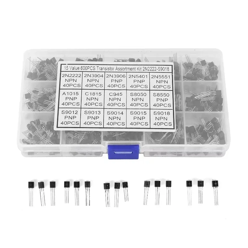 600pcs/box Triode Transistor kit TO-92 Three Pin Transistor Assortment Kit Set for 15 Value 2N2222-S9018