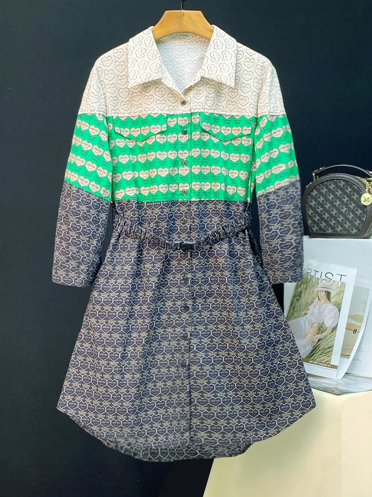 

Spring color contrast printing new patchwork shirt dress, women's mid length single breasted, slim and elegant dress