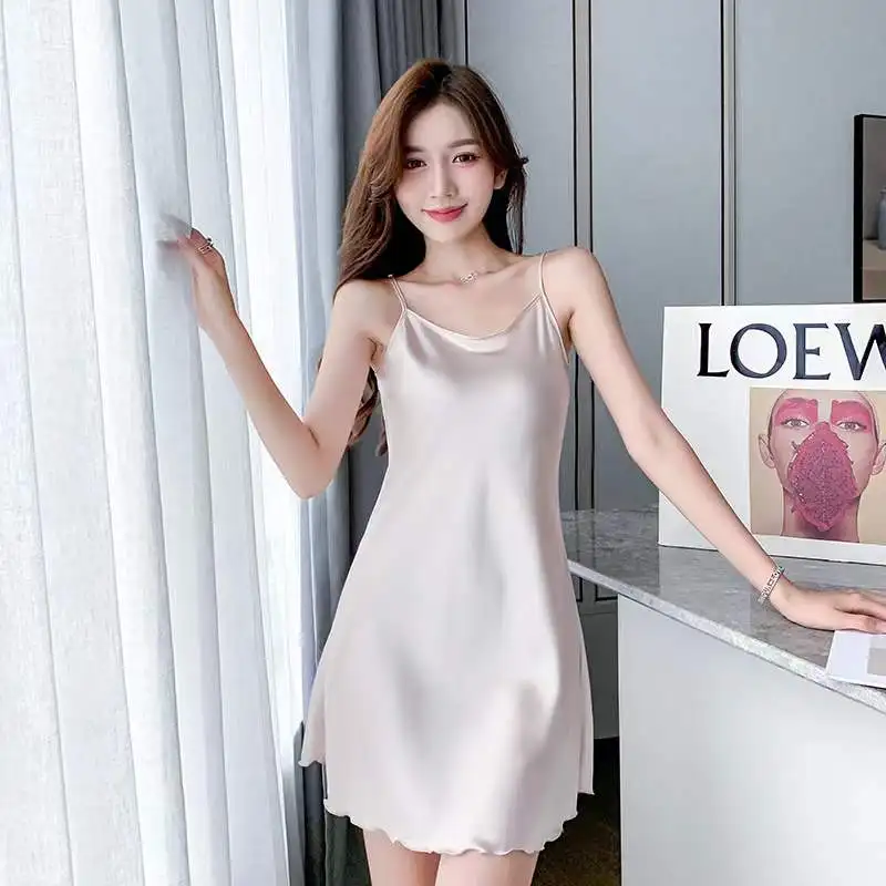 Solid Color Sexy Pajamas Women's Silk Thin Suspender Nightdress Pink Nightgown Women Night Wear Lace Sleepwear women nightgowns women nightdresses women pajamas sleeping dress