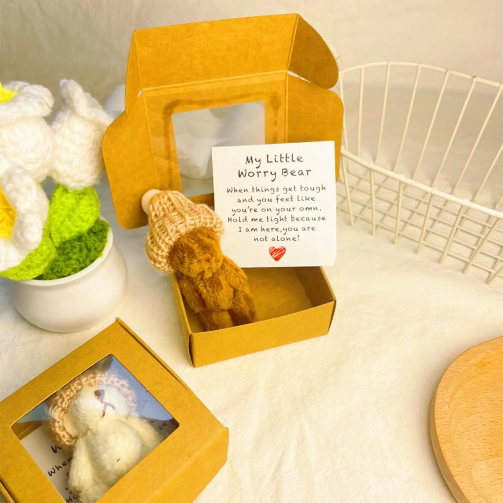 Plush Bear Box 4 Pieces Soft Cute Stuffed Bear with Inspirational Card Cuddly Toy for Halloween Offices Desk Shelf Birthday