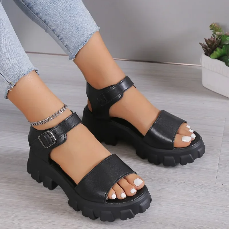 

Women's Sandal 2023 High Quality New Summer Outdoors Thick Heel Buckle Solid Color Non-slip Casual Comfortable Sandals for Woman