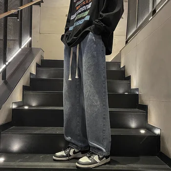 S-2XL 남성용 데님 바지 용수철, 긴 테더, 루즈한 단색 캐주얼, 넓은 다리, 레트로 통기성 바지, 가을 청바지, Hw59