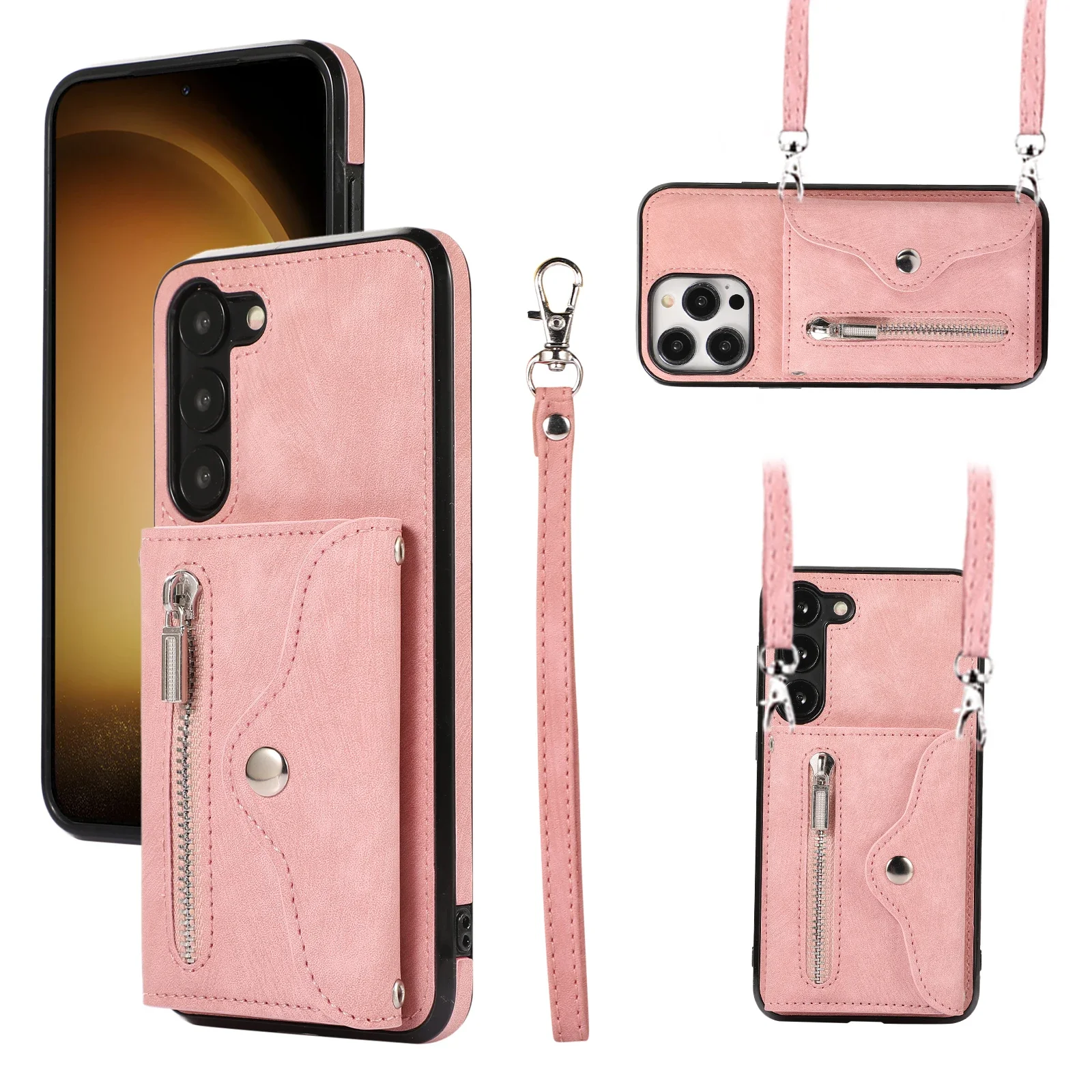 Elegant Crossbody Leather Zipper Wallet with Card Slots and Long Lanyard