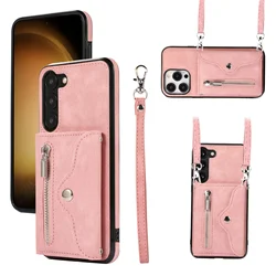 Elegant Crossbody Leather Zipper Wallet with Card Slots and Long Lanyard - Samsung S23Plus (Pink)