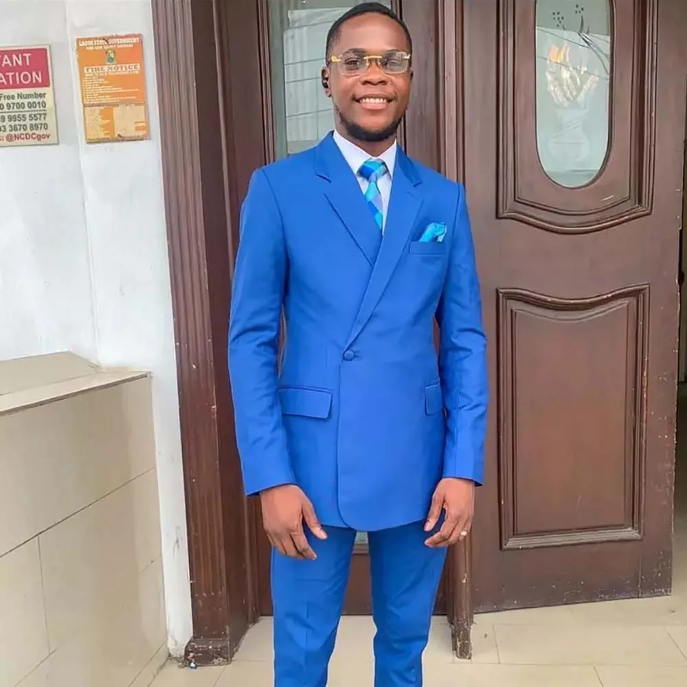 

Мужской облегающий костюм на одной пуговице, синий Блейзер, официальная одежда стандартной длины, деловой костюм 2024, уличная офисная куртка из 2 предметов, брюки