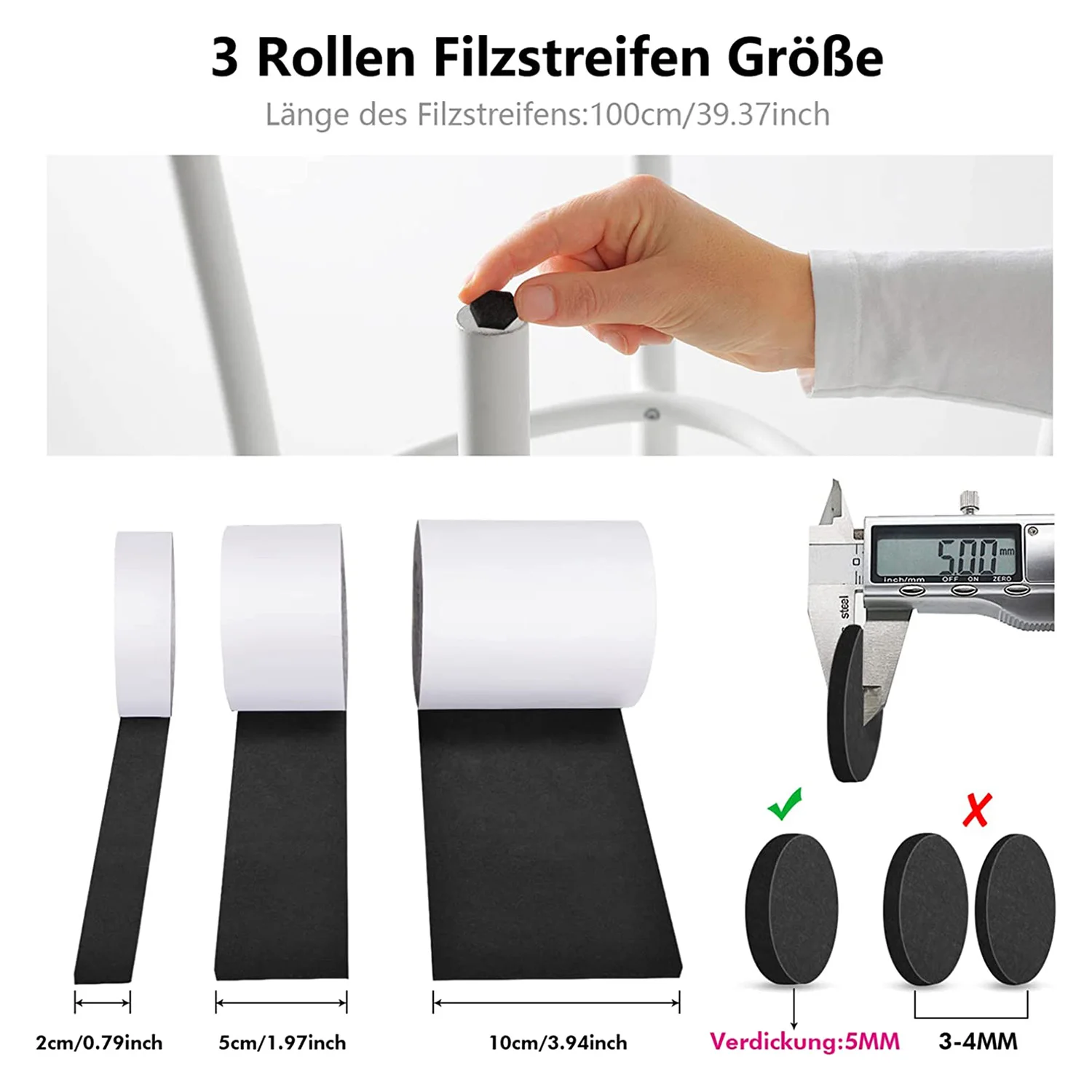 Self-Adhesive Felt Gliders 3 Rolls (100 x 10 cm + 100 x 5 cm + 100 2 cm) 5 mm for Chairs self adhesive felt gliders