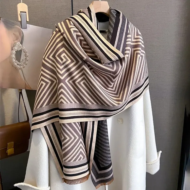 Kvinders vinter Cashmere Bufanda tørklæde Luksusprint Tykt Pashmina Varmt Warp tæppe med kvast rejse ponchostole_voghion.com