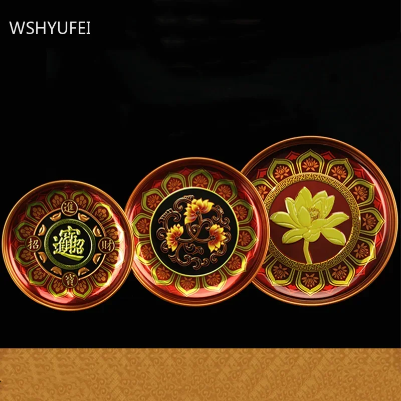 1pc Chinese Metal Fruit Dish Buddhist Supplies Tall Feet Tribute Plate Home Creativity Tray Decoration Buddha Hall Accessories