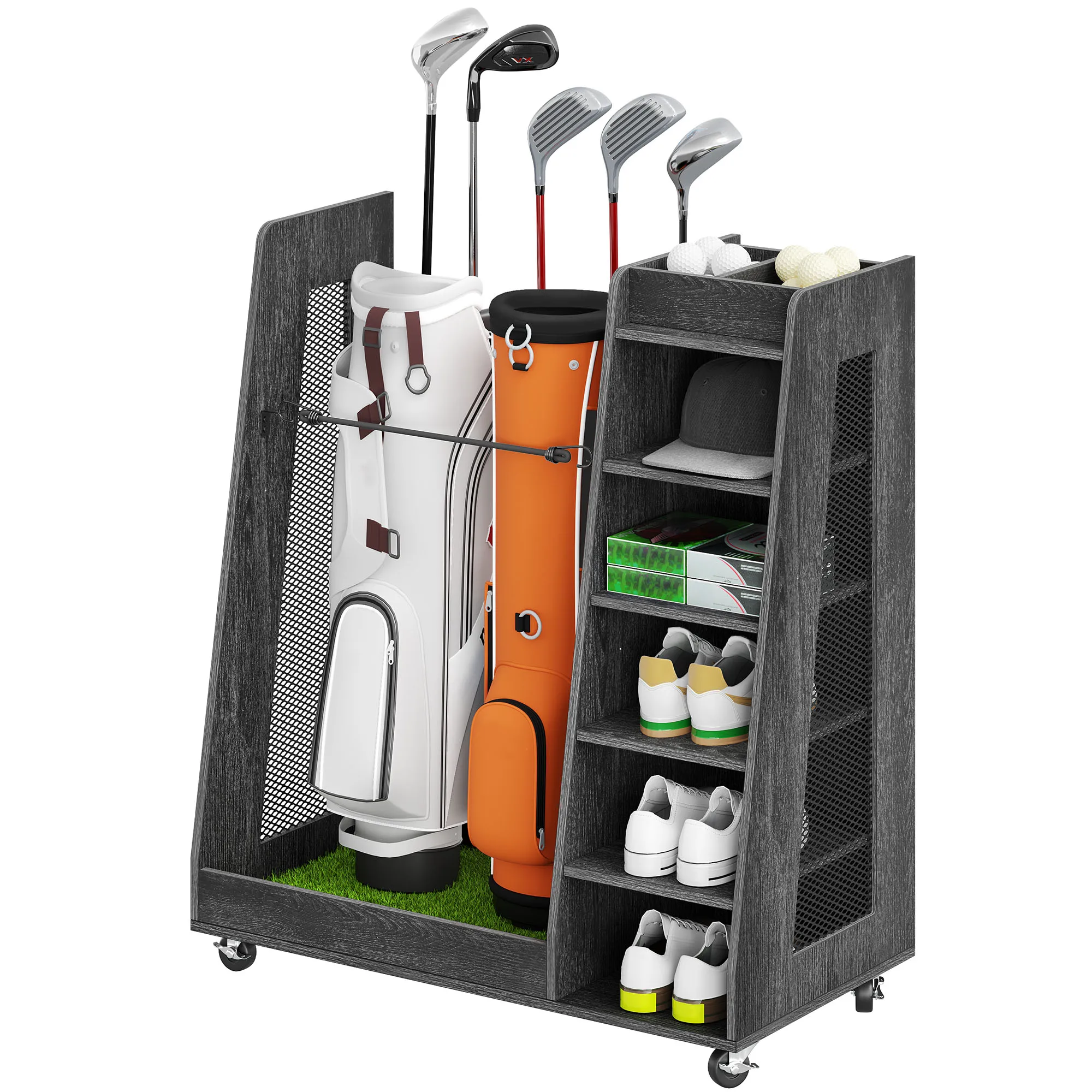 Portable Rolling Wooden Golf Bag Storage Rack Holder Fit for Two Bags Organizer