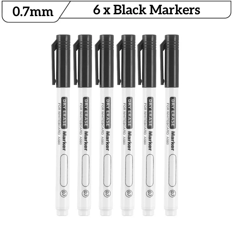 Fine Tip Dry Erase Marker Set - 6 Assorted Colors for Teaching and Office Use