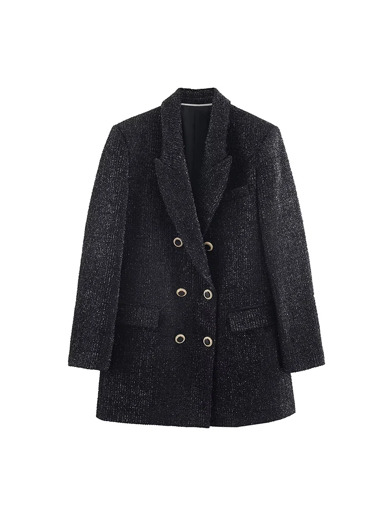 New Fashion Women Bright Silk Tweed Jacket Elegant Black Chic Double Breasted Long Blazer Spring Autumn OL Outerwears Top