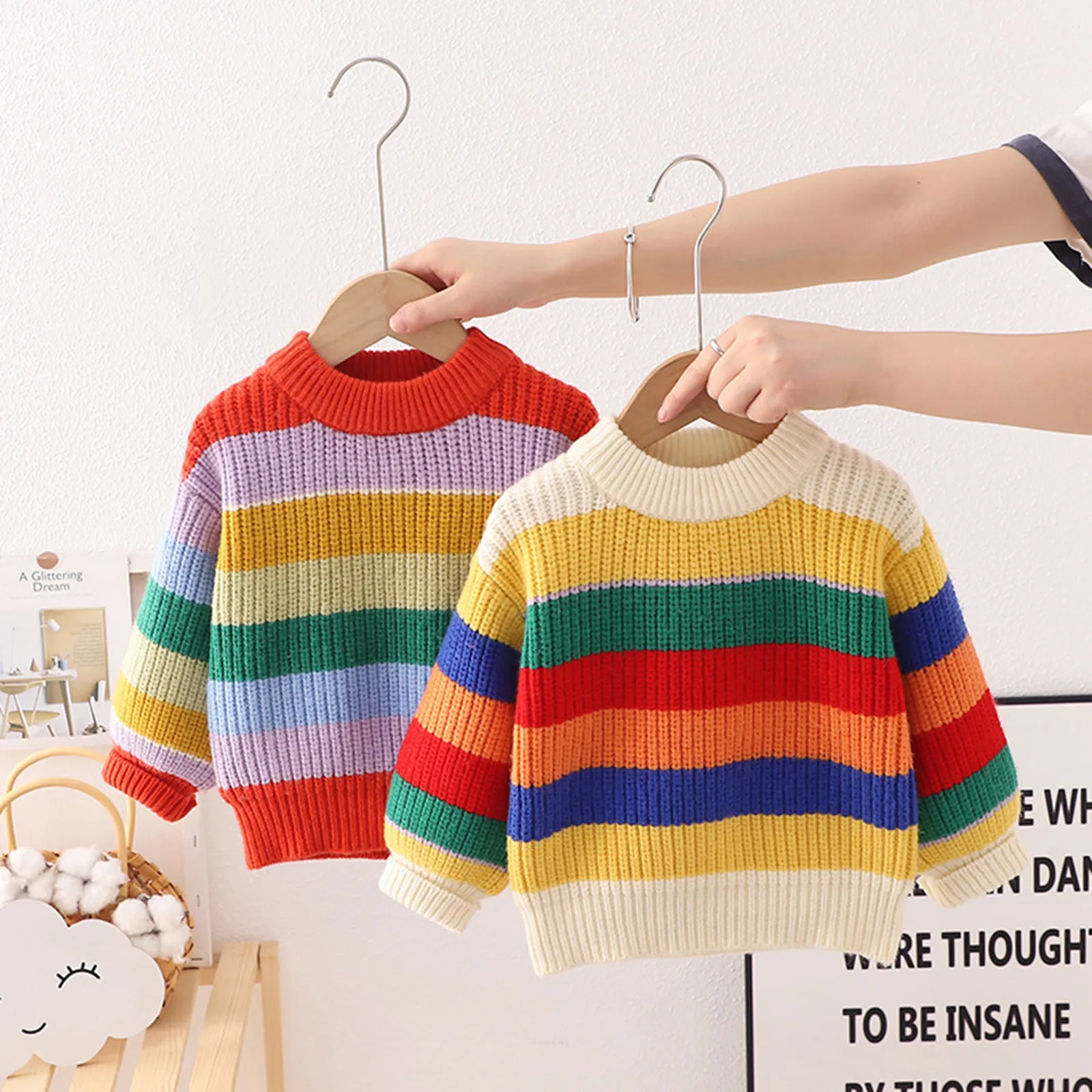 

Toddler Children Knit Sweater Kids Baby Girls Boys Sweater Autumn Winter Full Sleeve Rainbow Stripes Pullover Knitwear