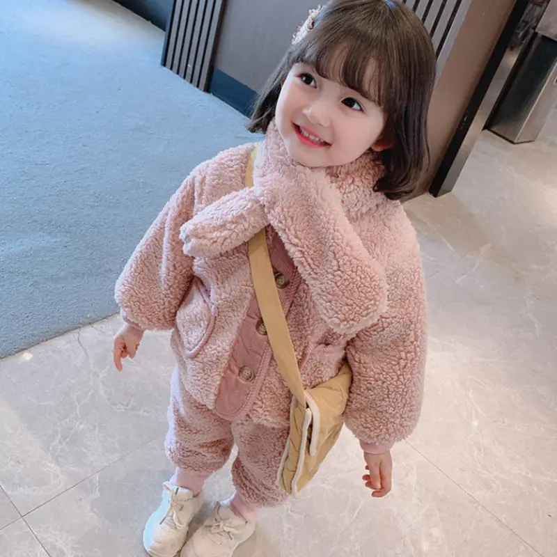 

' Winter Clothing Lamb Wool Two-Piece Suit New Western Style Children Girls' Sports Fleece-Lined Internet Celebrity Casual