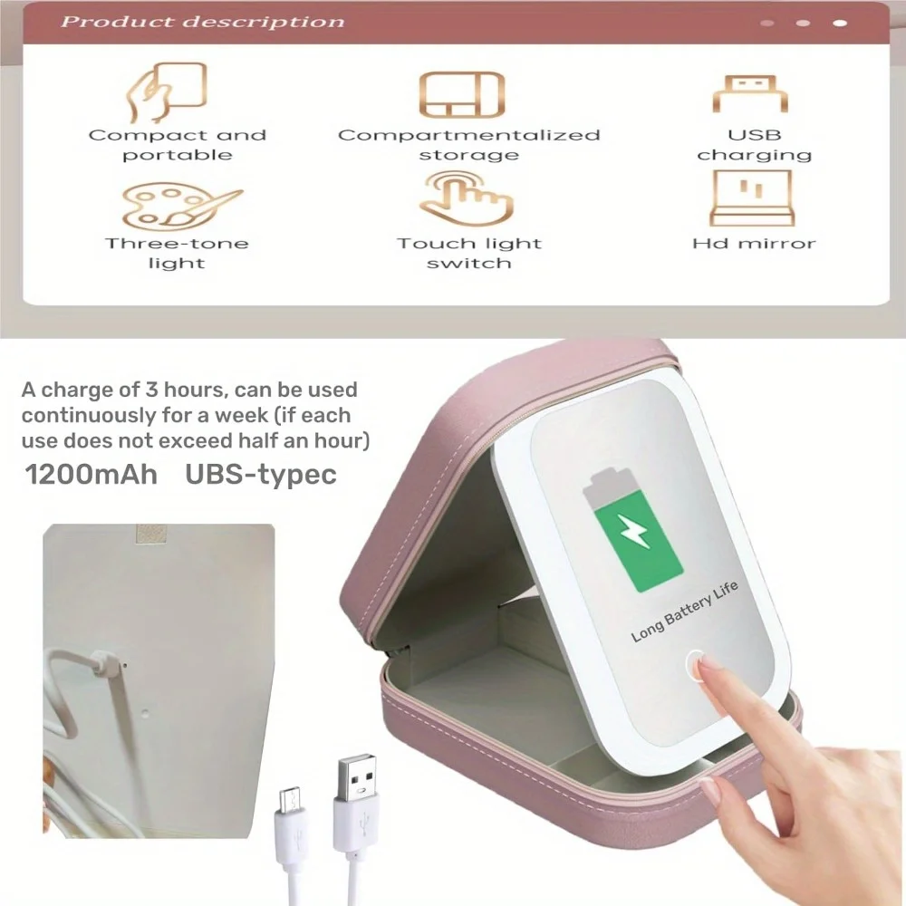 Travel Makeup Bag With Led Mirror,Small Makeup Organizer With Light,Pink Beautifect Box Portable Bag Make Up Case, (Pink)