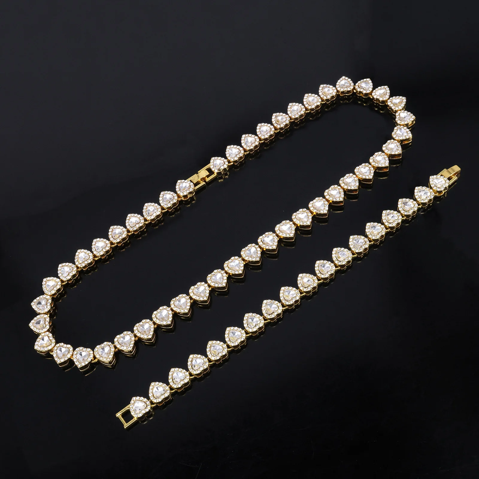 Yupsk 45CM/20CM Shiny Heart Rhinestone Hip Hop Rock Tennis Chain Bracelet Necklace for Women Men Trendy Jewelry Set Gift Image 3