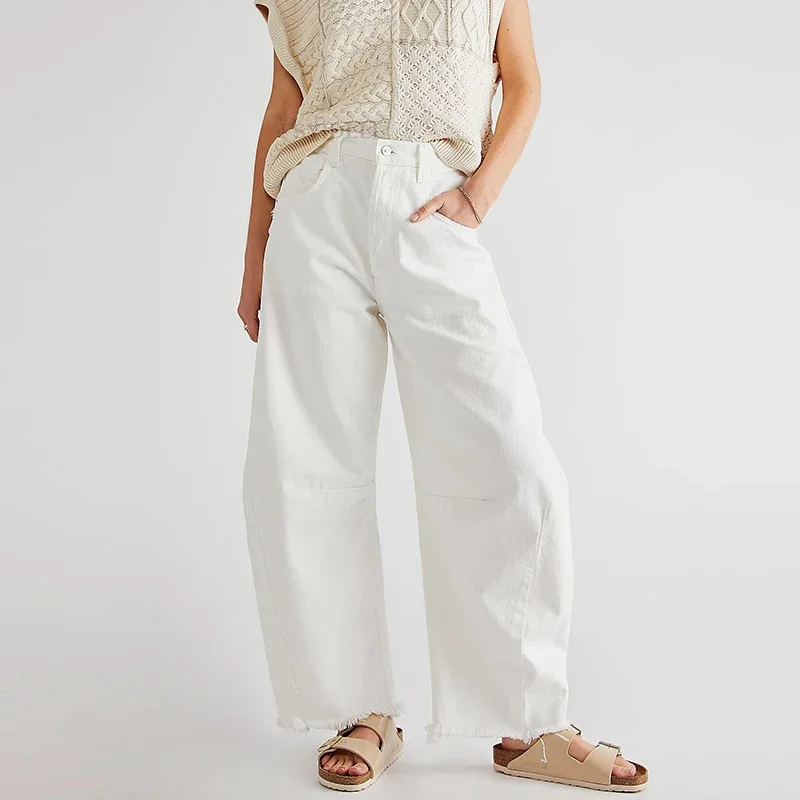 Street Clothing Casual Straight Leg Pants New Solid Color Wide Leg Jeans, Fashionable Button Pocket Short Women's Pants YDL15