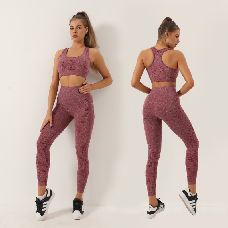 Seamless Knitted Polka Dot 2-Piece Women's Fitness Outfit Set Yoga Suit with Bra and Long Pants