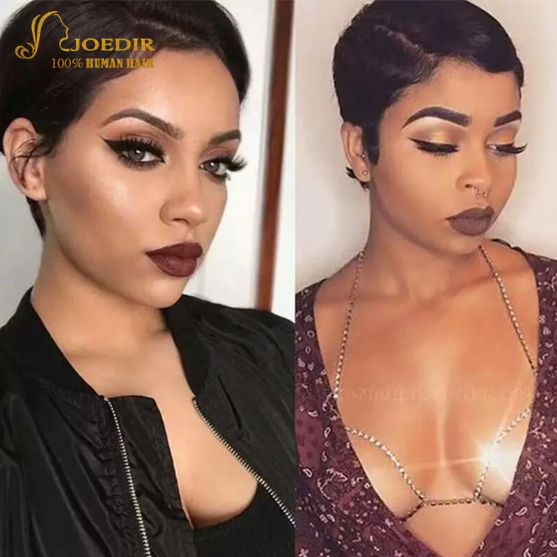Joedir Short Pixie Bob T Part Lace Human Hair Wig For Women Natural Pre Plucked Glueless Ombre Burgundy Brazilian Remy Wigs