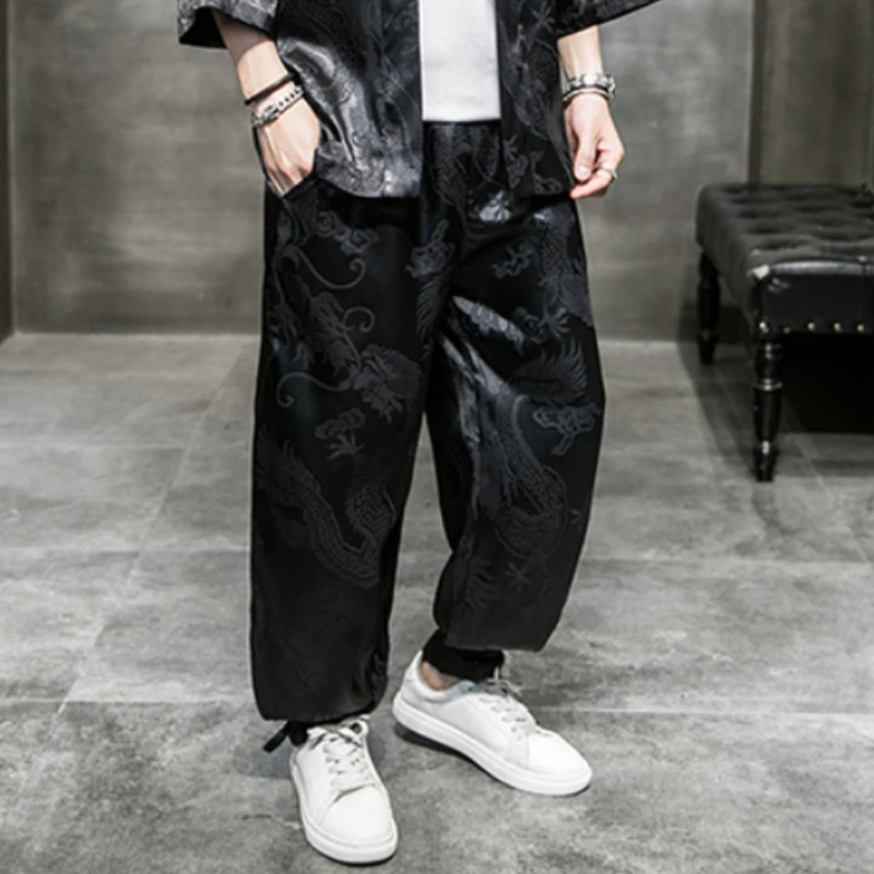 Chinese Style Casual Practice Kung Fu Pants Men's Plus Size Jogging Pants Chinese Traditional Dragon Pattern Trousers Hanfu