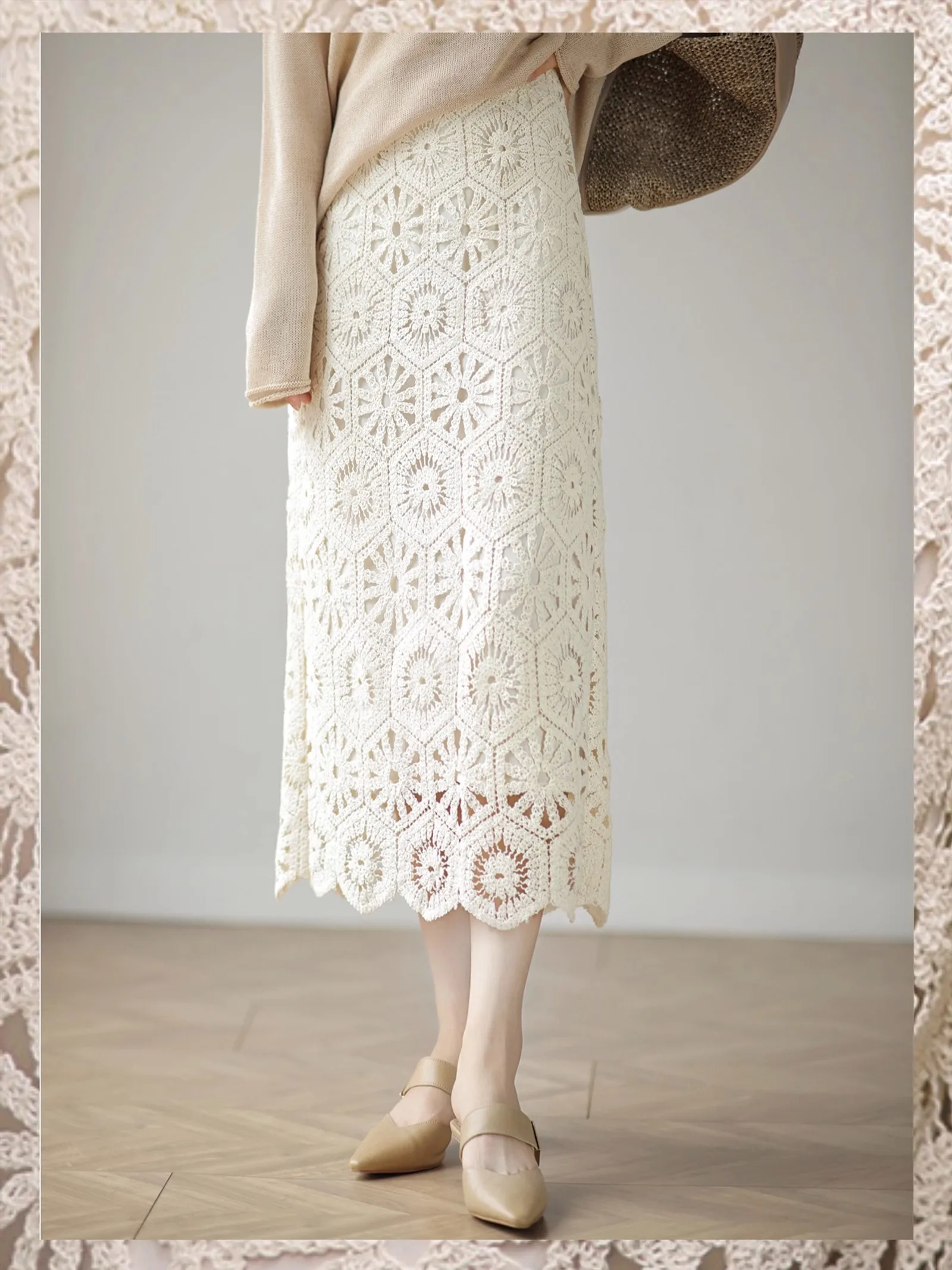 

Cotton lace crochet elastic waist Long Skirt 2023 fashion women's Clothing