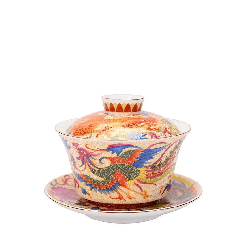 

240ml Retro Dragon Phoenix Ceramic Gaiwan Teacup Handmade Tea Tureen Bowl Chinese Porcelain Teaware Drinkware Personal Cup Gift