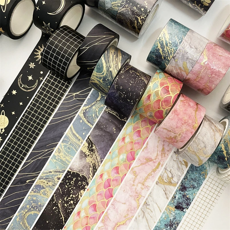 3Pcs/Set Starry Sky Wave Plaid Masking Gold Foil Washi Tape Cute Art Craft Decorative Adhesive Diy Scrapbooking Sticker Label 2