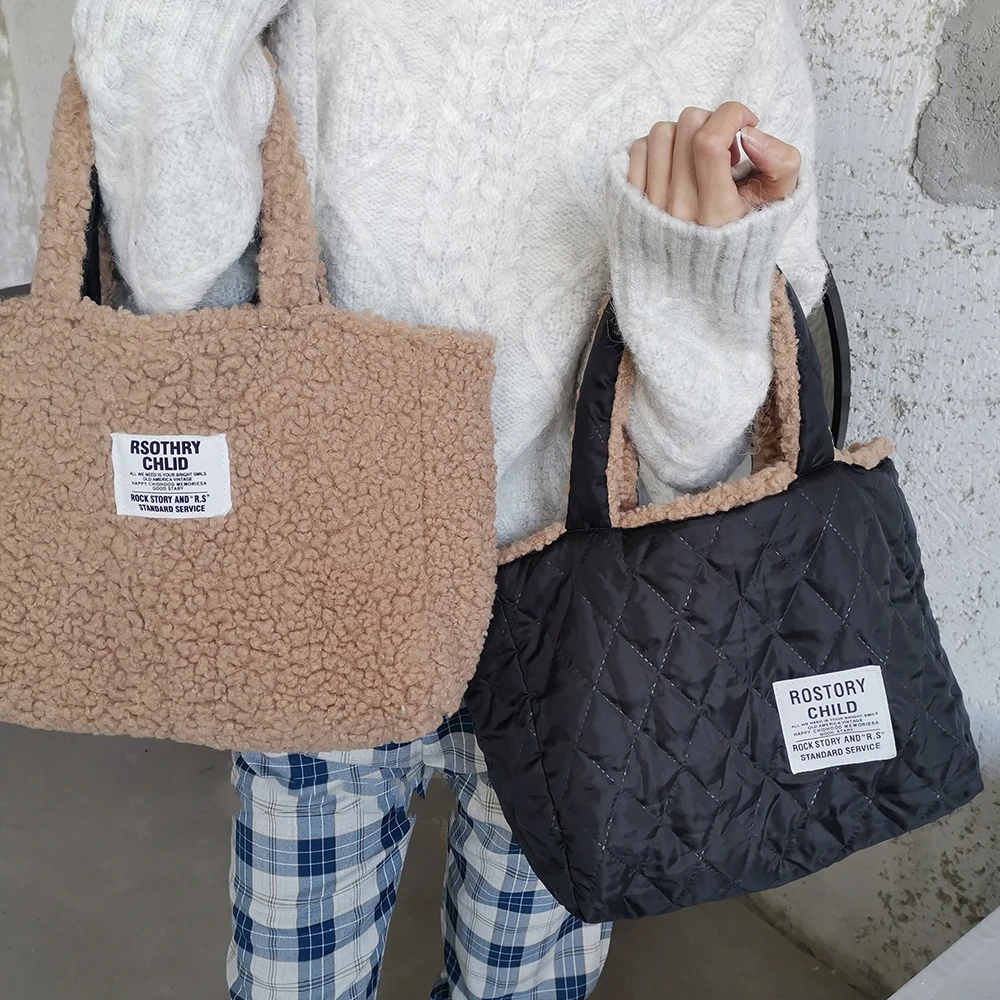 Ciepła dwustronna torebka damska torba na ramię projektant torebka z owczej wełny o dużej pojemności torby na zakupy dla kobiet 2021 torebka zimowa nowość
