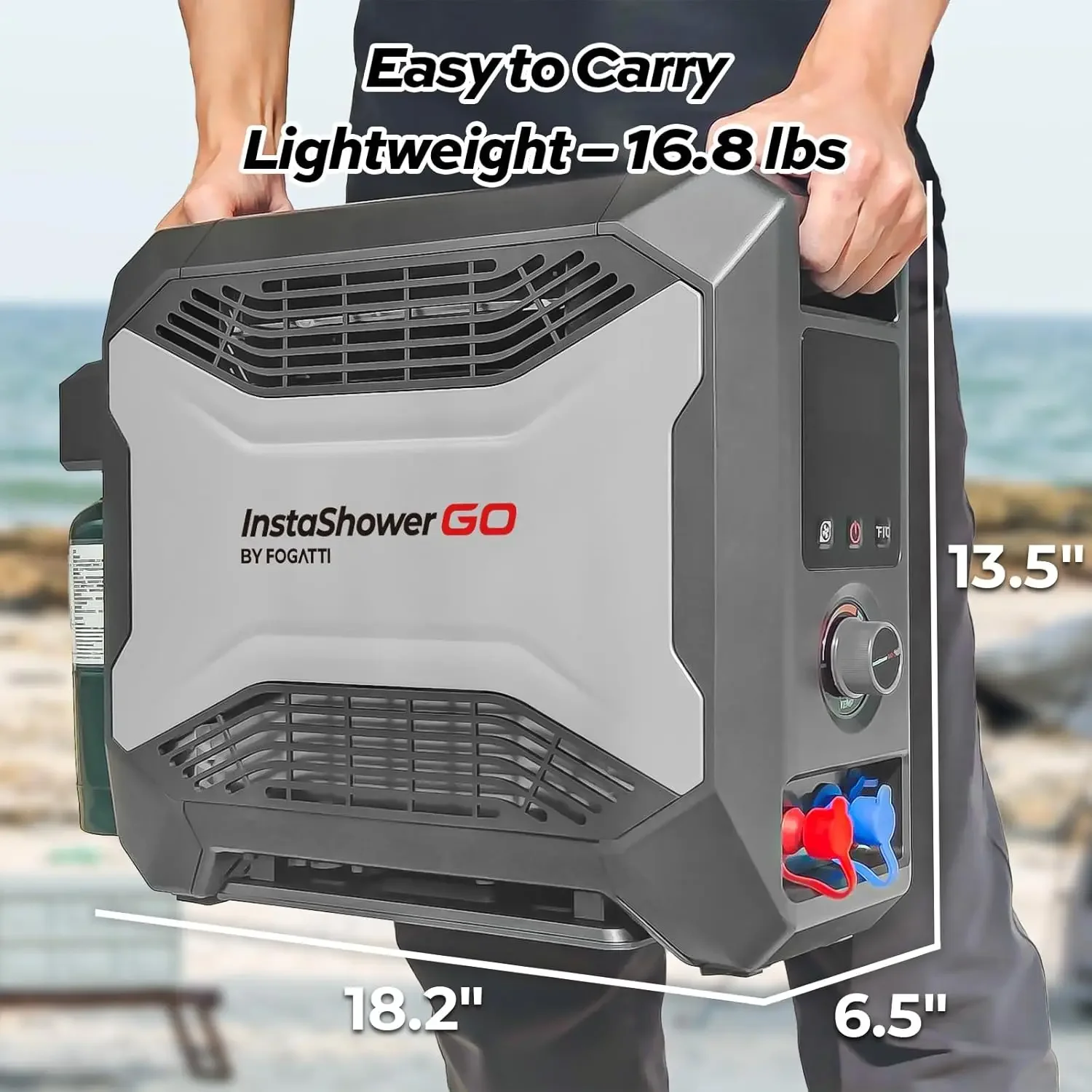 Gas Water Heater, InstaShower GO, Propane, 19,000 BTU, with 5000mAh Rechargeable Built-in Battery, DC 12V, Outd
