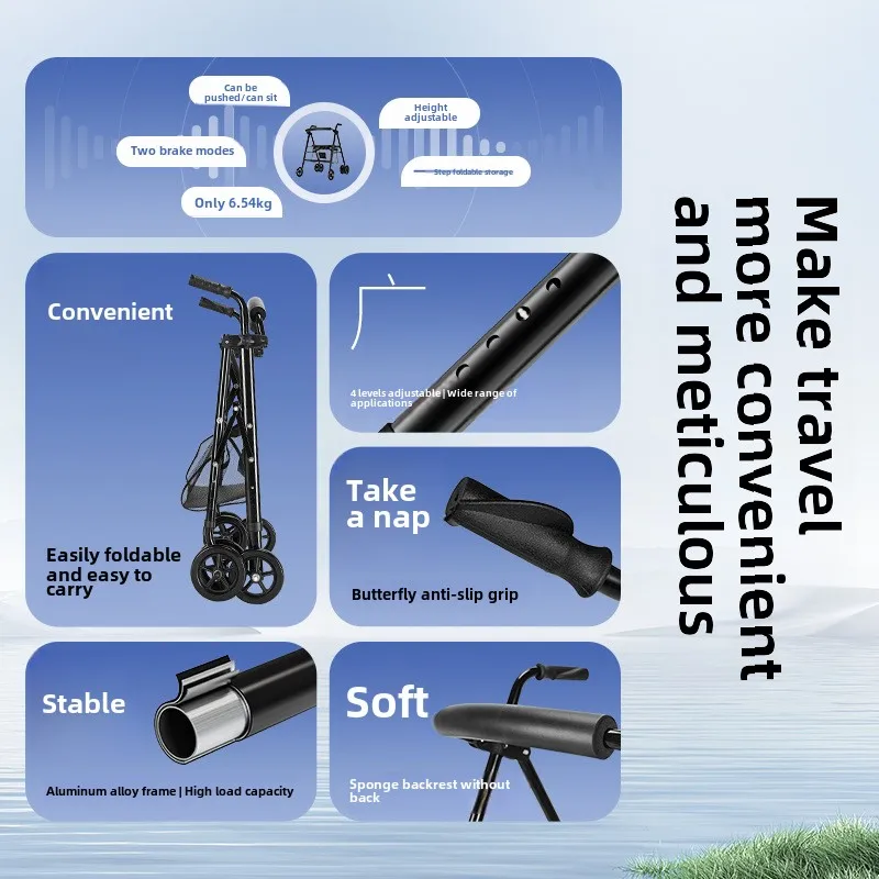 Foldable Walkesr with Seat & Adjustable Height-Mobility Aids Push Cart for Elderly,Portable Assistive Walking Support Rollator