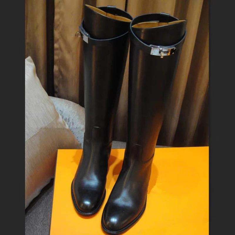 Black-Metal-Buckle-Flat-Knee-High-Boots-Woman-Winter-2023-Slip-On-Round ...