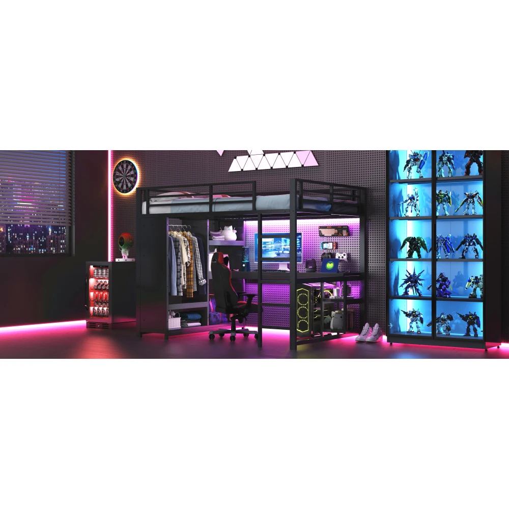 Metall-Gaming-Hochbett mit LED und Schreibtisch Modernes Kinder-Etagenbett mit Offenem Kleiderschrank Aufbewahrungsboxen Schwarz Ideal für Kinderschlaf und -spiel – Detail 14