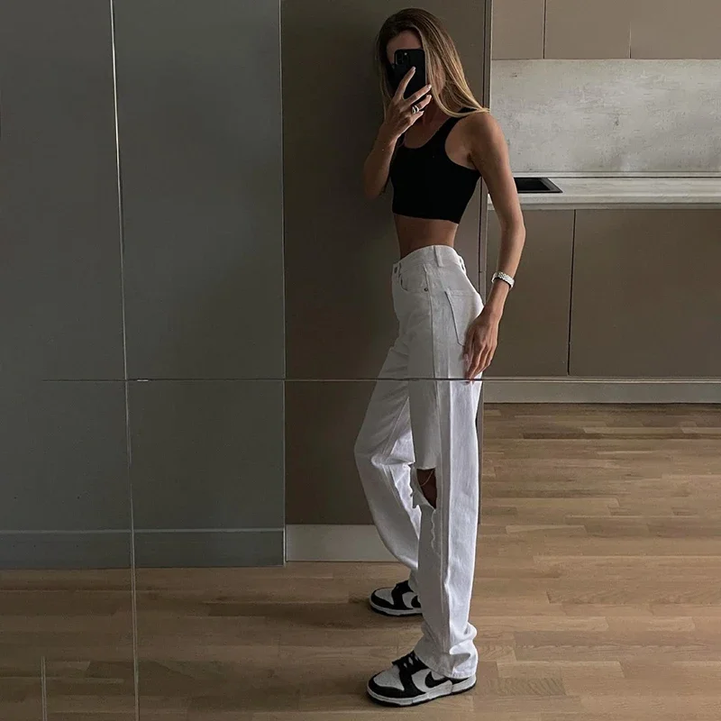 Ripped Casual Jeans Women's Hip-hop High-waist Denim Trousers Ladies Retro Boyfriend Straight-leg Pants Summer Streetwear Women