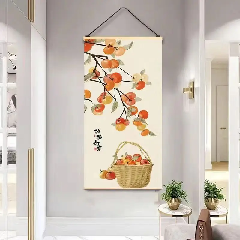 2024 New Chinese style persimmon Ruyi solid wood scroll hanging painting, entrance decoration painting, fabric art, no punching 3
