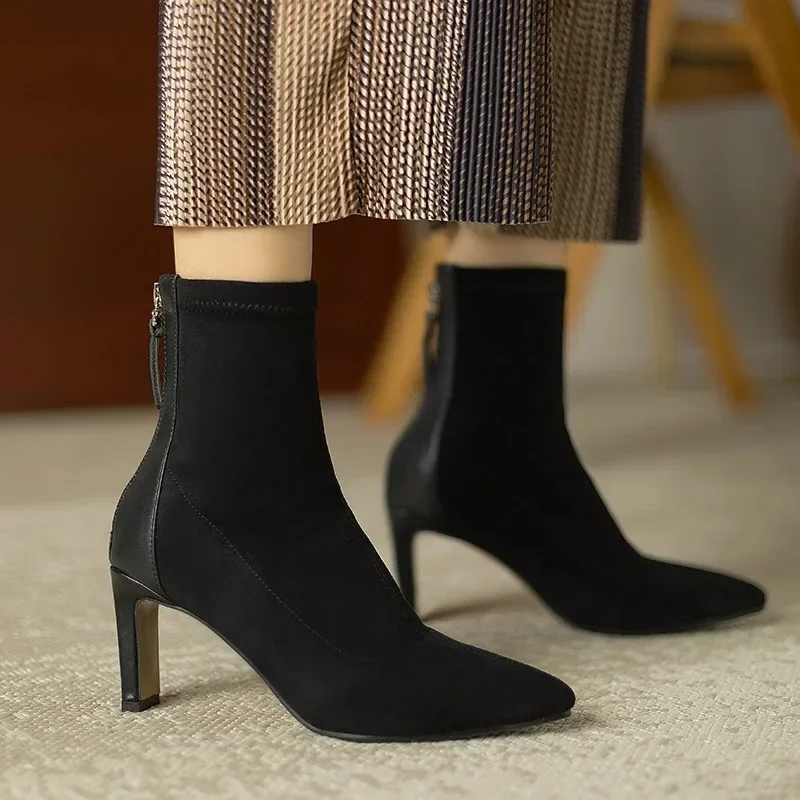 Shoes Female 2023 Fashion Ankle Women's Boots Elegant Modern Boots Women Sewing Zipper Pointed Toe Thin Heel Flock Shoes Women