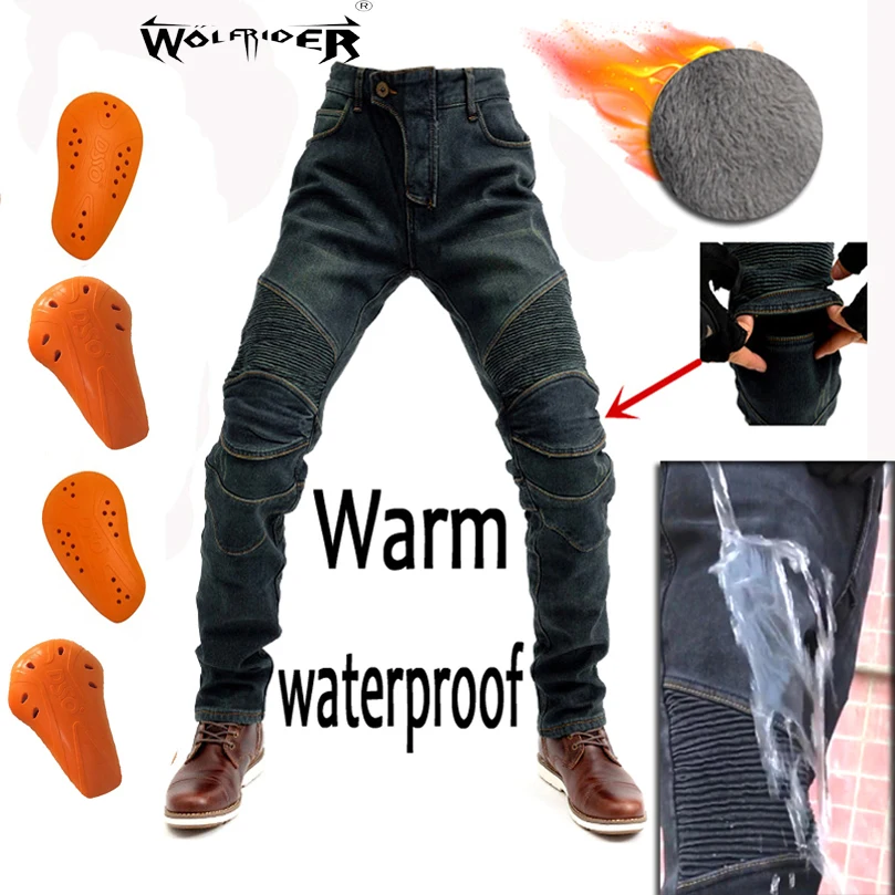 

Motorcycle Men's Riding fleece warm winter Jeans Biker slim casual pants with protector super fit waterproof