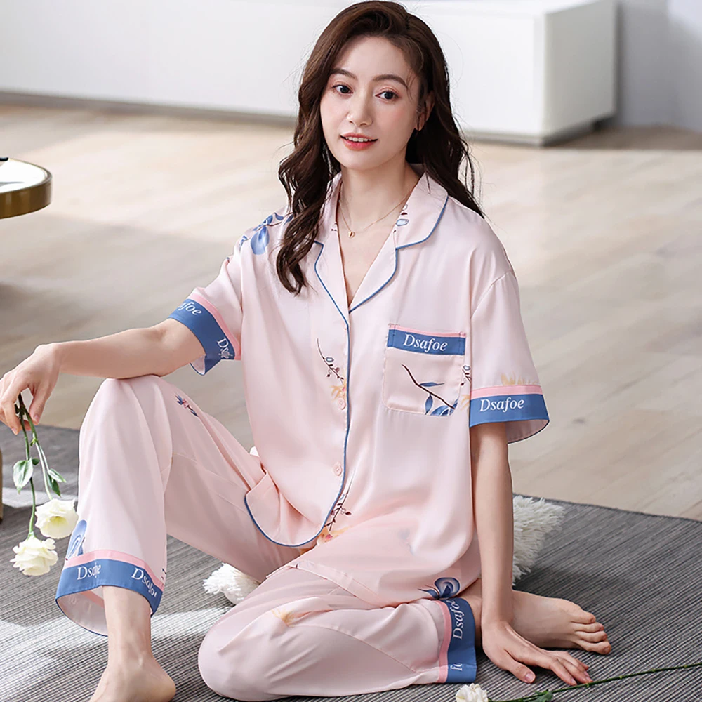 M-3XL Ice Silk Satin Sleepwear Summer Thin Breathable Cool Women's Pajamas High-quality Print Leisure Comfortable Trousers Sets