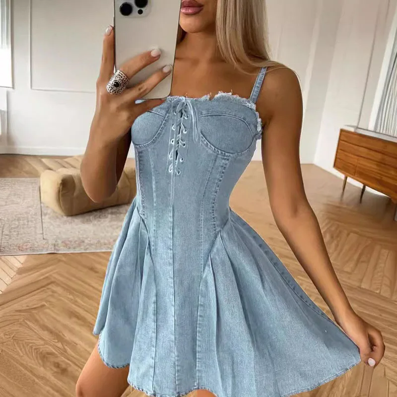Sexy Stretch Denim Short Dress Hip Skirt Strappy V-Neck Suspender Dress