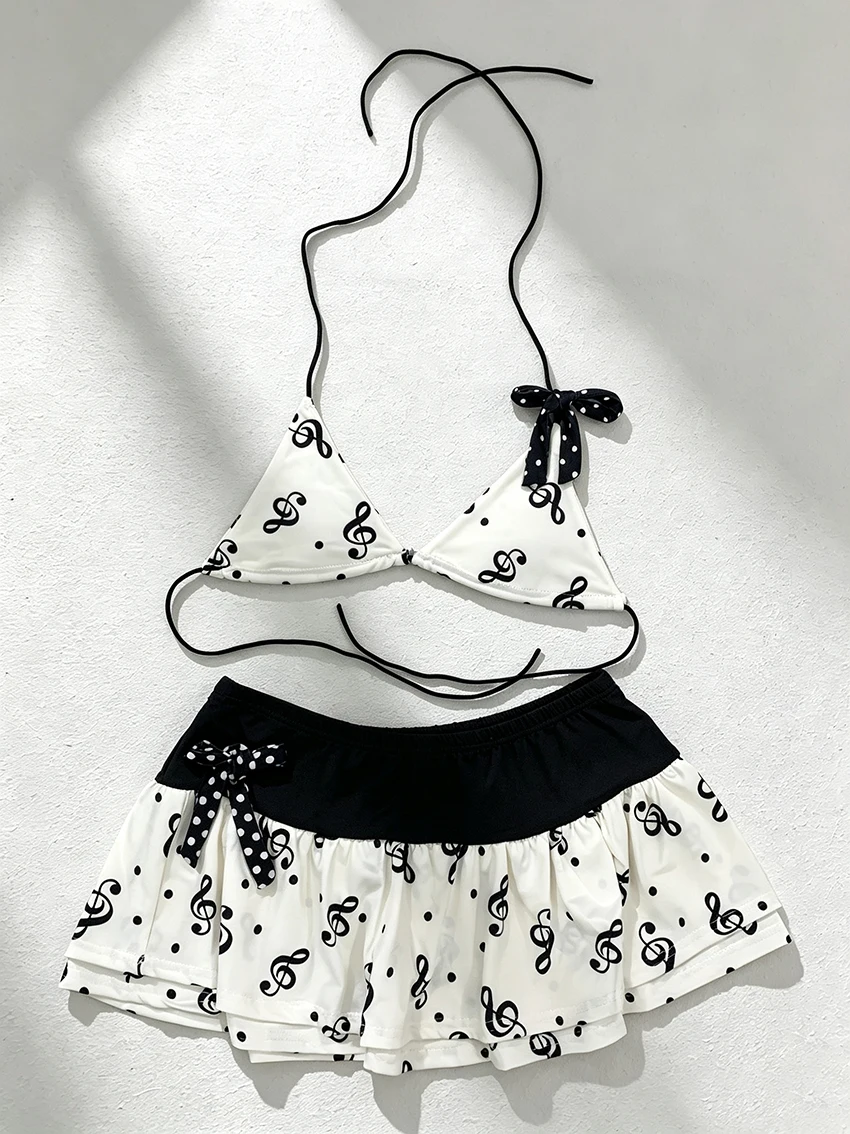 Musiknoten-Print Damen Bikini-Sets mit Rock, Neckholder, Schleifendekoration, Badeanzüge für Sommer, Strand und Urlaub, Zweiteilige Badebekleidung
