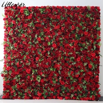 Uflower Red Rose Greenery 5D Cloth Flower Wall Wedding Backdrop Fabric Hanging Curtain Floral Window Display Party Event Props