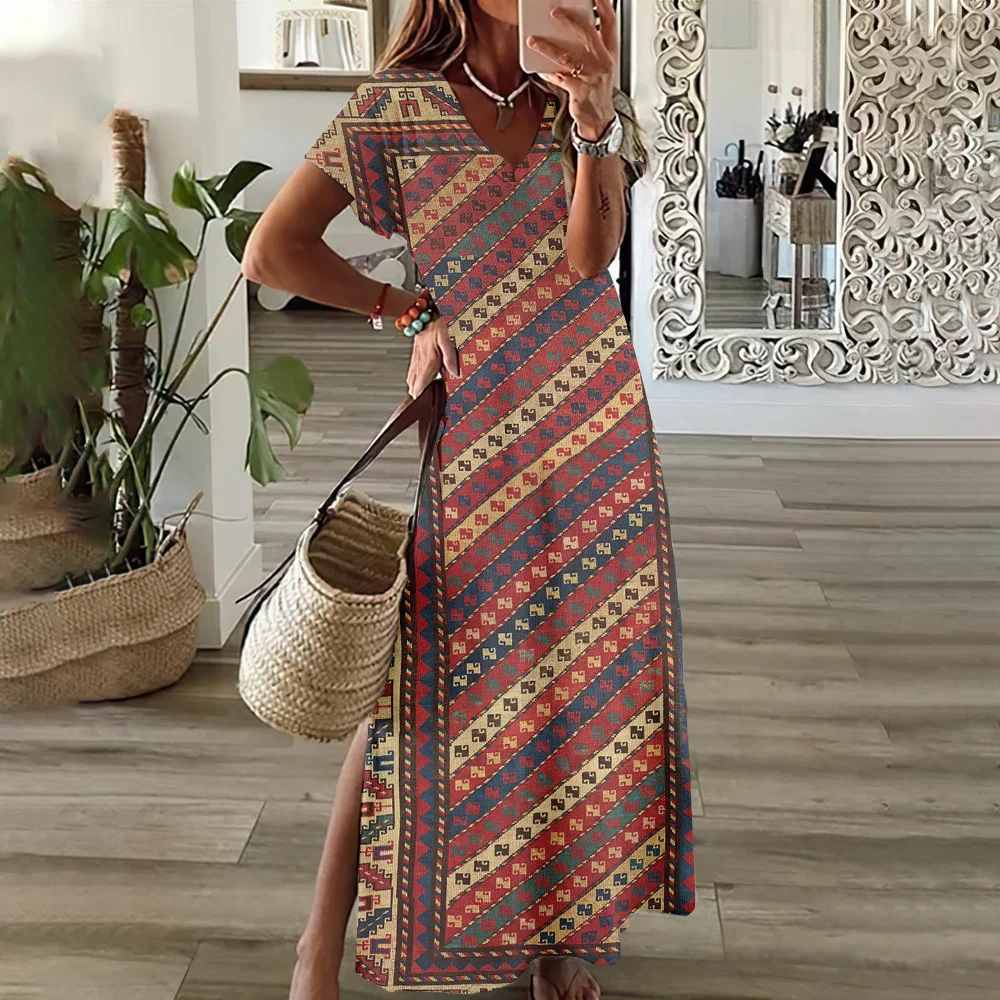 Vestidos para mujer, moda, cuello en V, vestido largo diario, manga corta, falda de mujer, estilo bohemio, vestidos con abertura, ropa de verano para mujer