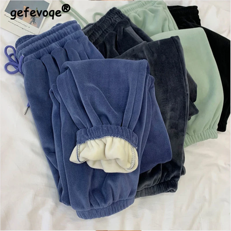 

Autumn Winter Solid Color Velvet Thickened Casual Sports Trousers Women All Match Wide-leg Pants Loose Leggings Harem Sweatpants