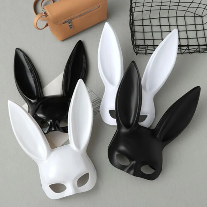 Half Face Rabbit Mask Black White Halloween Mask Christmas Bar Masquerade Party Rabbit Ears Masks Sexy Cosplay Props