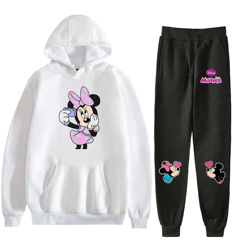 New Women's Hoodie Set Disney Minnie Print Sportswear Fleece Sweater Sweatpants Casual Ladies Pullover Sports Women 2 Piece Set