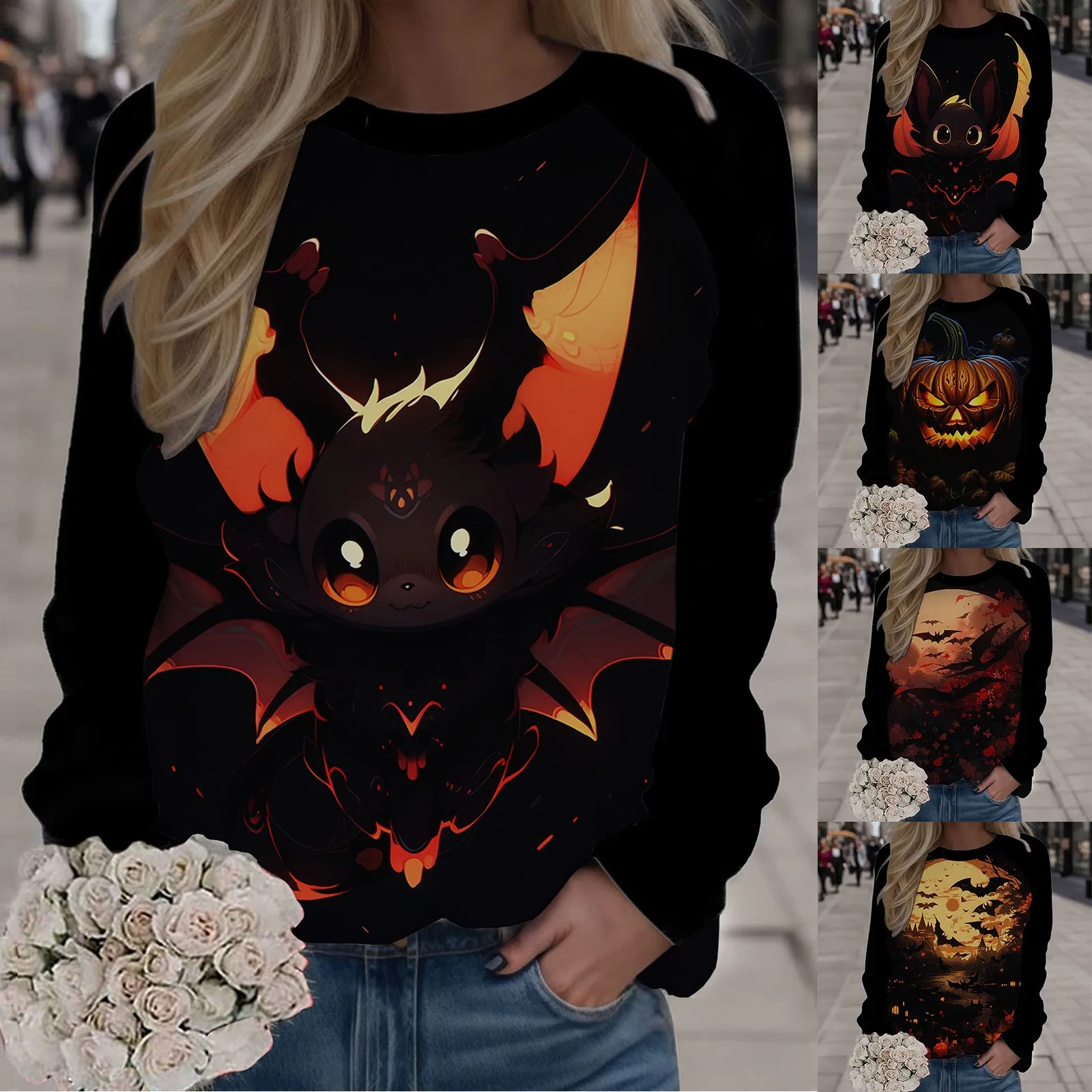 

Стильная женская одежда 2023, модные повседневные толстовки с длинным рукавом и круглым вырезом, пуловер с принтом на Хэллоуин, флисовый пуловер
