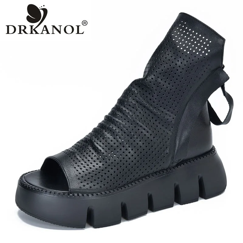 DRKANOL 여성용 할로우 쿨 부츠,  가죽 웨지 힐, 플랫폼 앵클 부츠, 여성용 핍 토 샌들, 레트로 패션, 여름