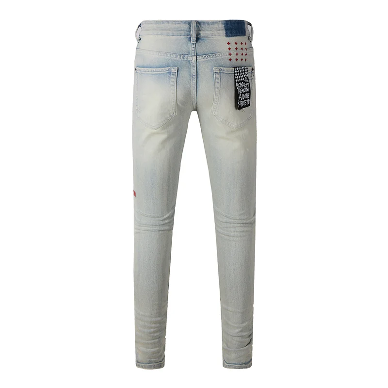 Men's Washed Light Blue Skinny Original Quality Button Fly Ripped Jeans
