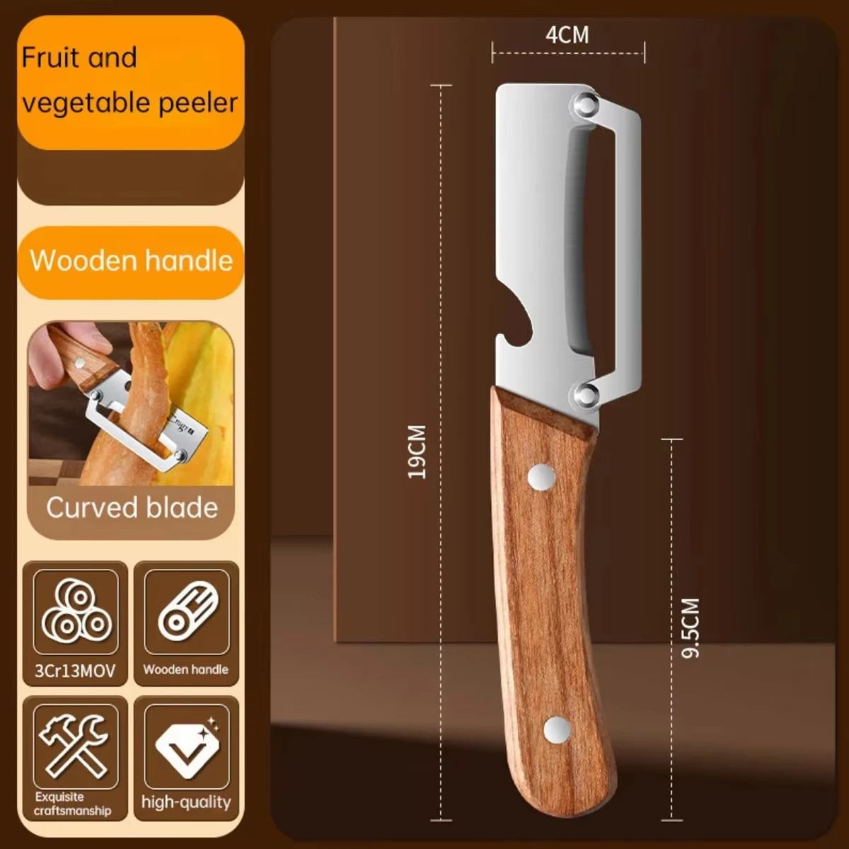 Descascador multifuncional de aço inoxidável com cabo de madeira maciça, utensílio de cozinha para descascar frutas e legumes._voghion.com
