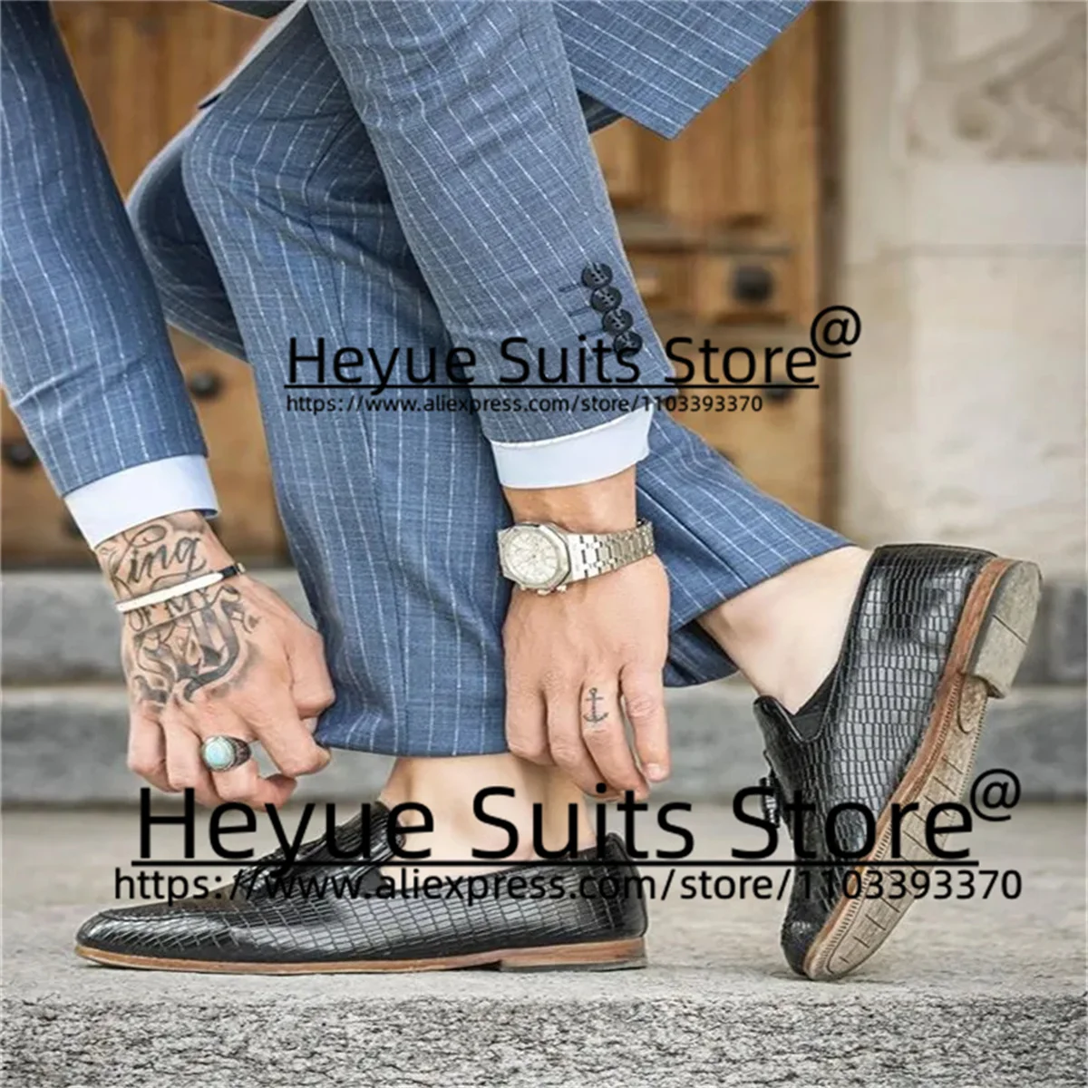 Blue Stripe Office Work Men Suits Slim Fit Double-breasted Groom Wedding Tuxedos 2Pieces Sets Business Male Blazer Costume Homme