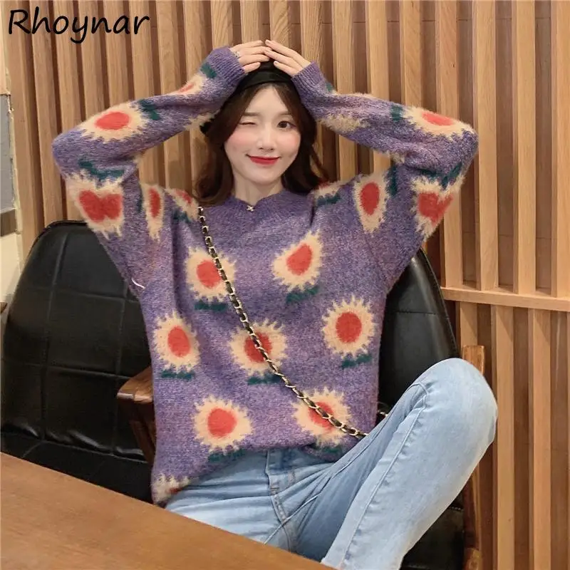 

Chic Floral Fluffy Knitted Pullovers Women Fashion Young Warm Loose Leisure Popular All-match Thickening Sweaters Girls Ins New