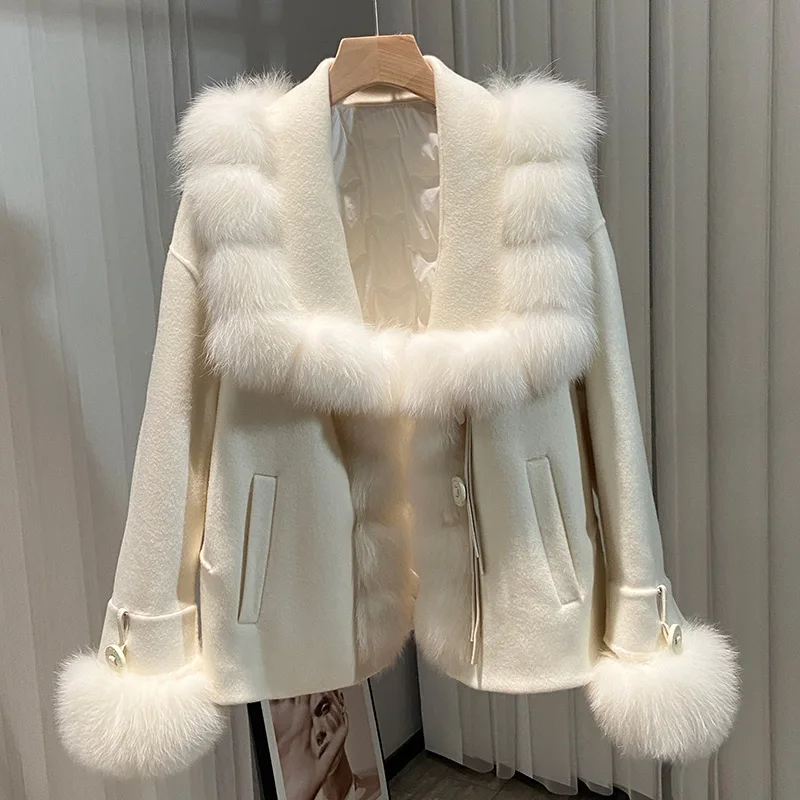 

Women's real lamb Woolen Winter Coat Cashmere natural fur blended natural fox fur jackets